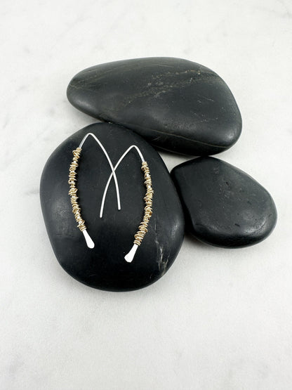 Hammered Sterlilng Silver Boho Threader Earrings with gold wire wrap, minimalist earrings, delicate earrings, threader earrings, open hoops