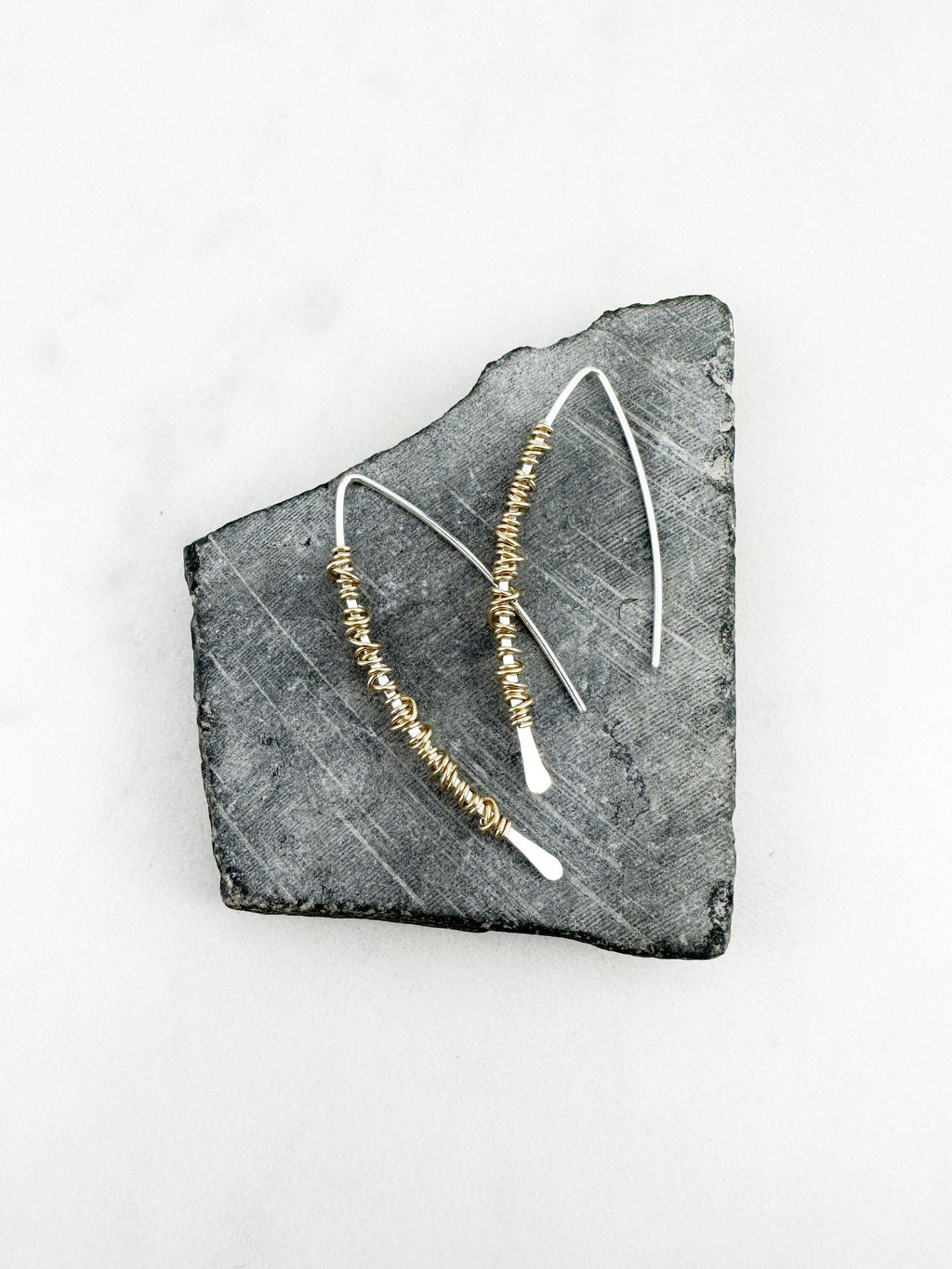 Hammered Sterlilng Silver Boho Threader Earrings with gold wire wrap, minimalist earrings, delicate earrings, threader earrings, open hoops