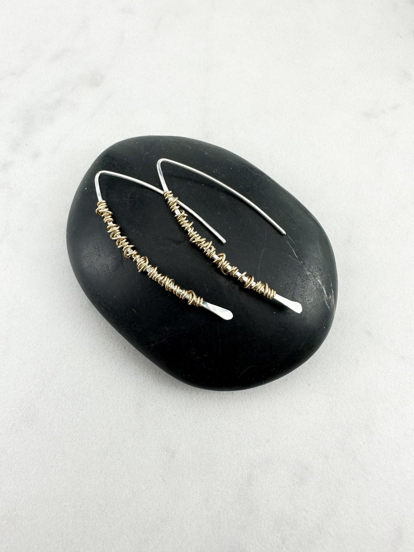 Hammered Sterlilng Silver Boho Threader Earrings with gold wire wrap, minimalist earrings, delicate earrings, threader earrings, open hoops