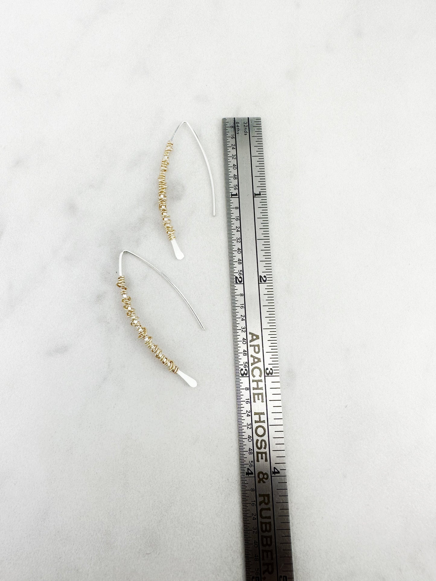 Hammered Sterlilng Silver Boho Threader Earrings with gold wire wrap, minimalist earrings, delicate earrings, threader earrings, open hoops