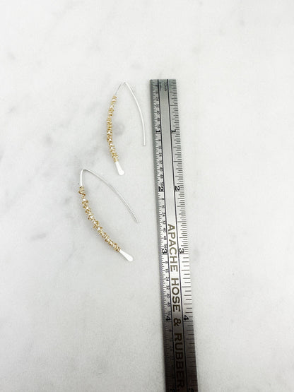 Hammered Sterlilng Silver Boho Threader Earrings with gold wire wrap, minimalist earrings, delicate earrings, threader earrings, open hoops