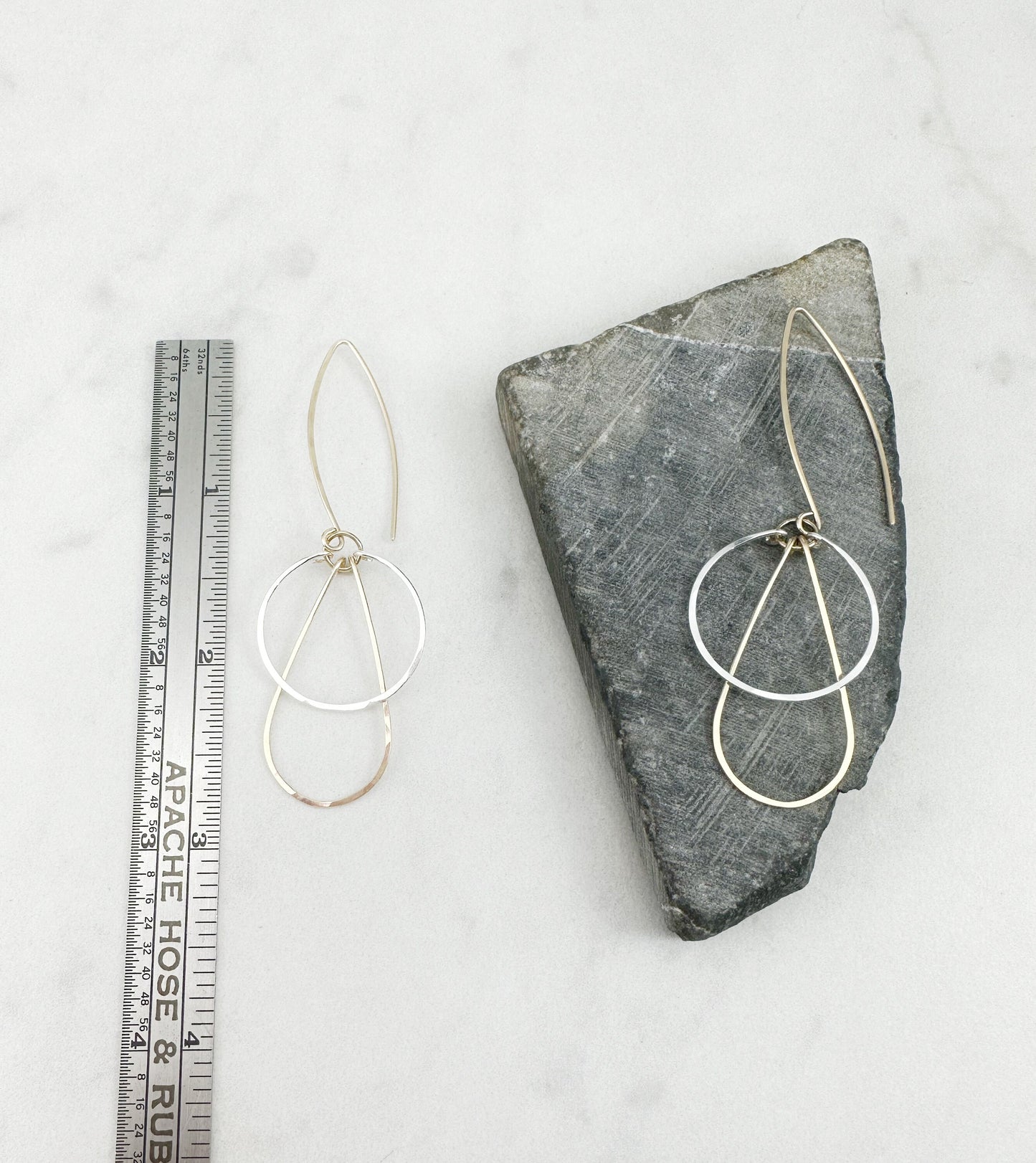 Mixed Metal Art Deco Hoops | Mixed Metal Earrings | Silver and Gold Earrings | Teardrop Earrings | Geometric Earrings | Statement Earrings | Hammered Hoops