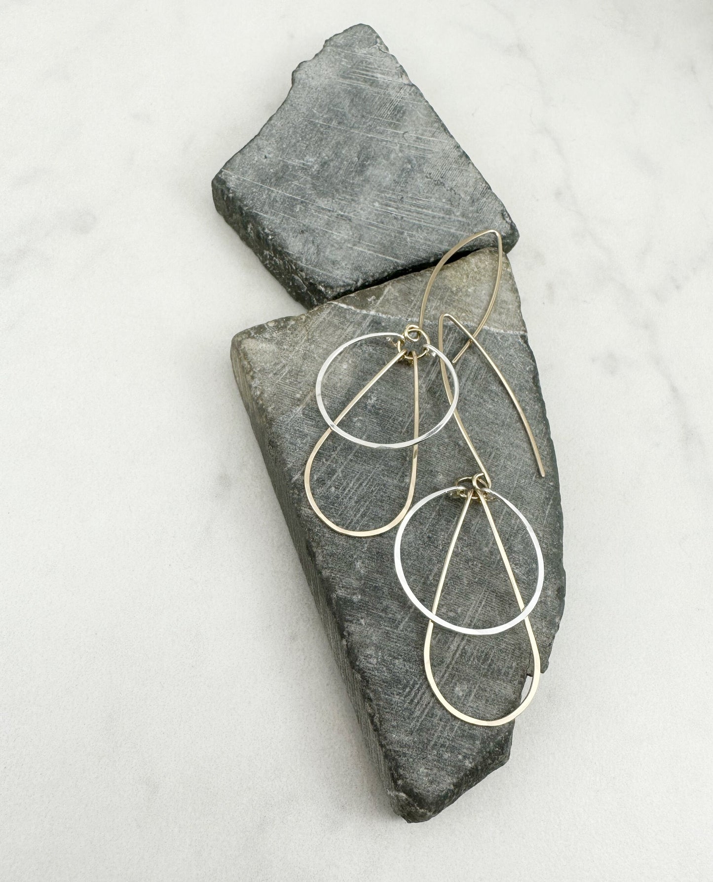 Mixed Metal Art Deco Hoops | Mixed Metal Earrings | Silver and Gold Earrings | Teardrop Earrings | Geometric Earrings | Statement Earrings | Hammered Hoops