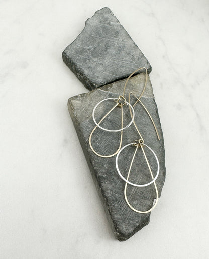 Mixed Metal Art Deco Hoops | Mixed Metal Earrings | Silver and Gold Earrings | Teardrop Earrings | Geometric Earrings | Statement Earrings | Hammered Hoops