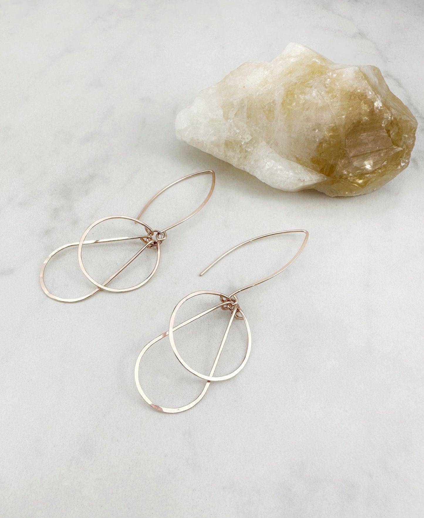 Art Deco Rose Gold Hoops | Teardrop Earrings | Geometric Earrings | Statement Earrings | Hammered Hoops | 14 K Rose Gold Fill