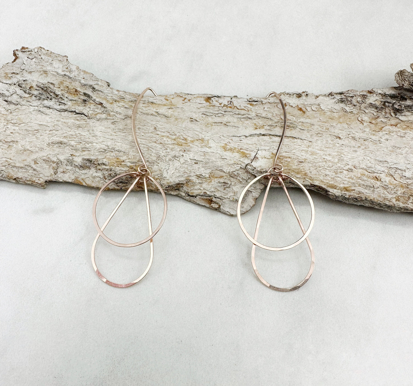 Art Deco Rose Gold Hoops | Teardrop Earrings | Geometric Earrings | Statement Earrings | Hammered Hoops | 14 K Rose Gold Fill