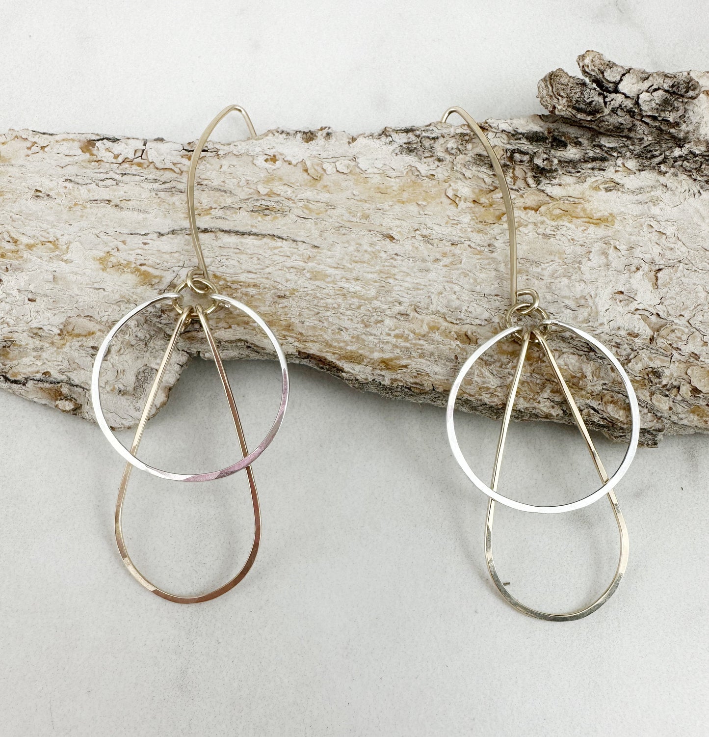 Mixed Metal Art Deco Hoops | Mixed Metal Earrings | Silver and Gold Earrings | Teardrop Earrings | Geometric Earrings | Statement Earrings | Hammered Hoops