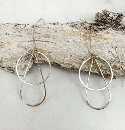 Mixed Metal Art Deco Hoops | Mixed Metal Earrings | Silver and Gold Earrings | Teardrop Earrings | Geometric Earrings | Statement Earrings | Hammered Hoops