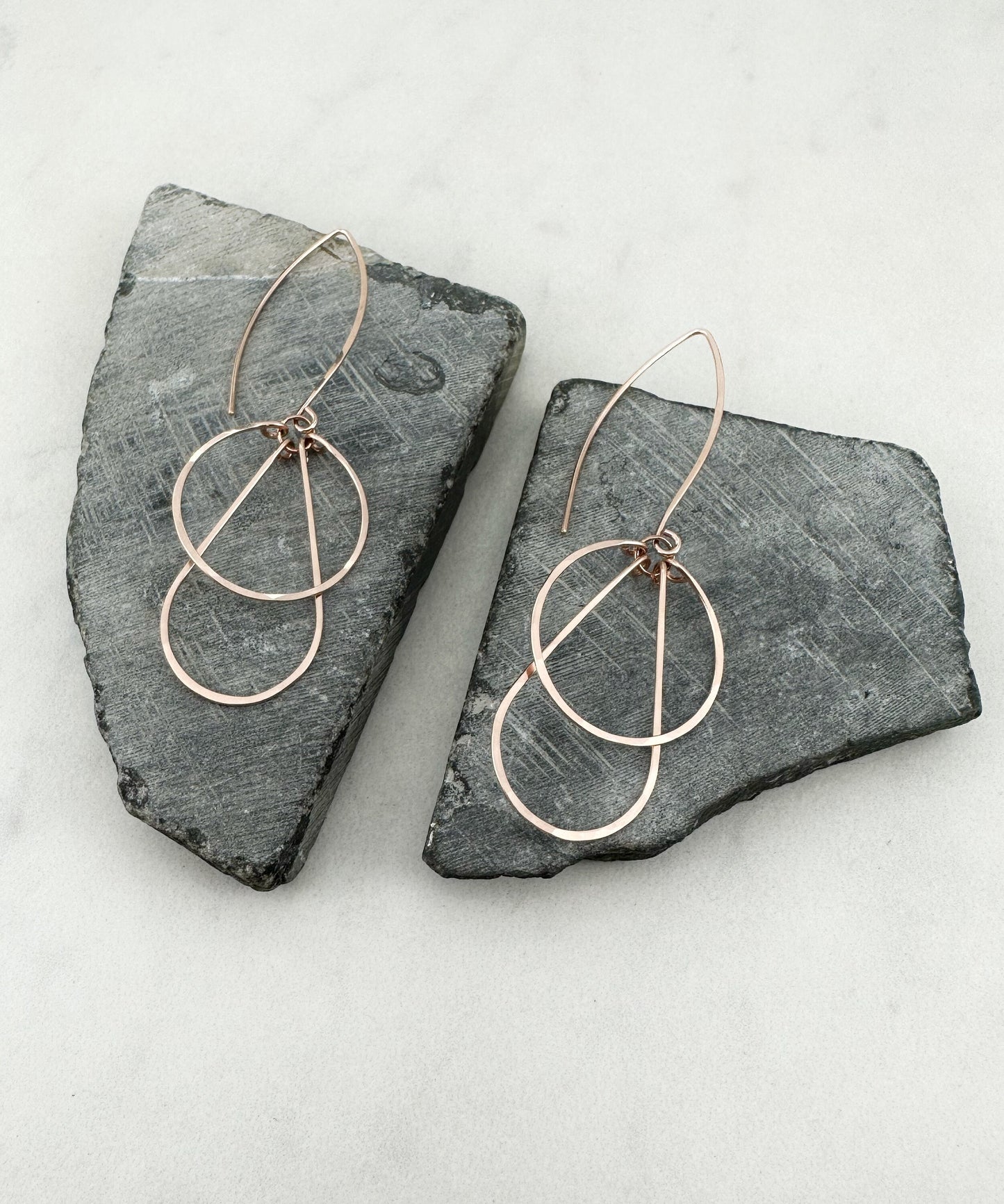 Art Deco Rose Gold Hoops | Teardrop Earrings | Geometric Earrings | Statement Earrings | Hammered Hoops | 14 K Rose Gold Fill