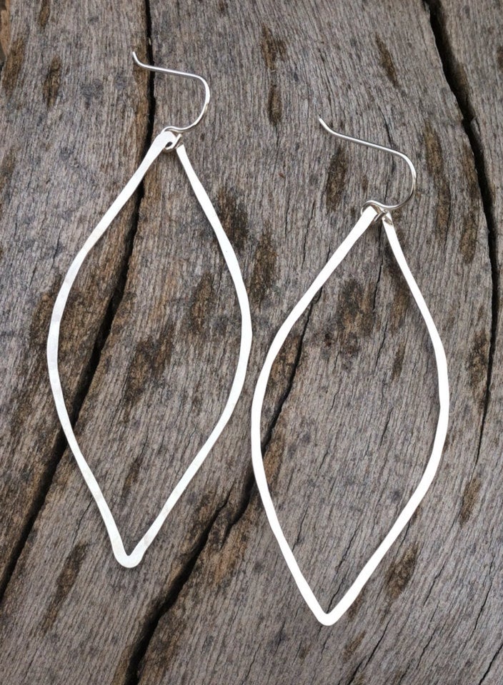 Silver Leaf Earrings | Leaf Earrings | Hammered Hoops | Botanical Jewelry | Nature Earrings | Lightweight Earrings | Open Leaf | Marquise Earrings