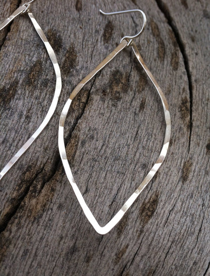 Silver Leaf Earrings | Leaf Earrings | Hammered Hoops | Botanical Jewelry | Nature Earrings | Lightweight Earrings | Open Leaf | Marquise Earrings