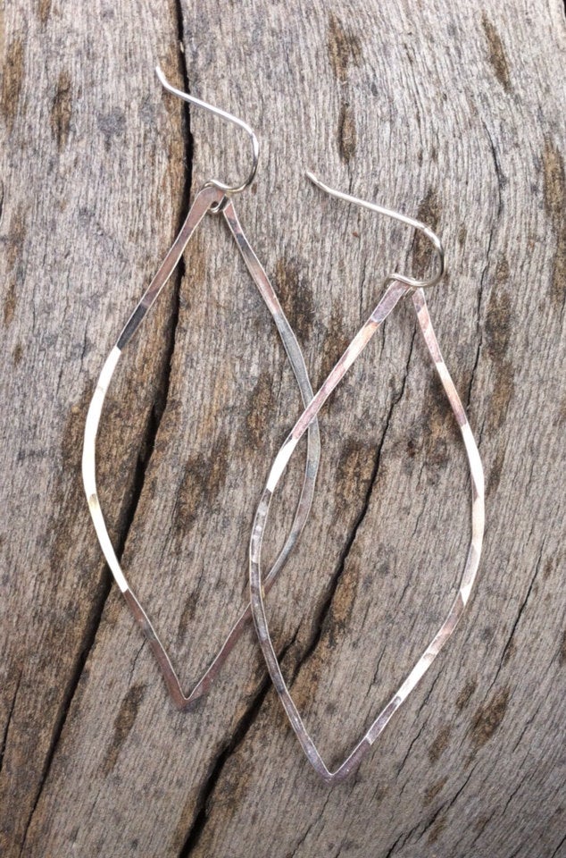 Silver Leaf Earrings | Leaf Earrings | Hammered Hoops | Botanical Jewelry | Nature Earrings | Lightweight Earrings | Open Leaf | Marquise Earrings