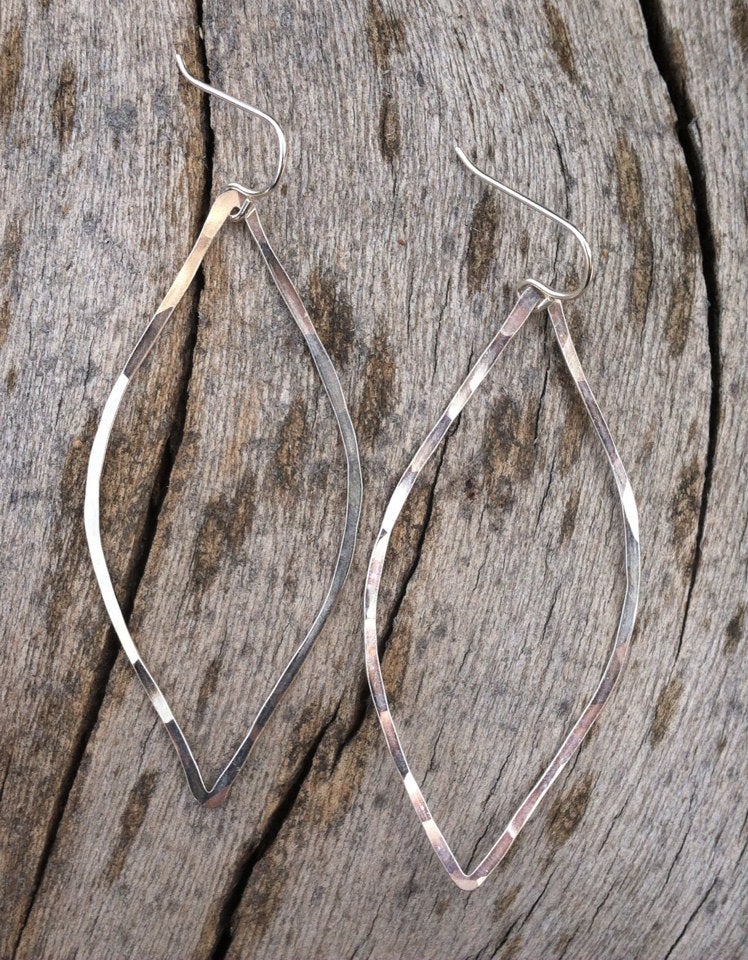 Silver Leaf Earrings | Leaf Earrings | Hammered Hoops | Botanical Jewelry | Nature Earrings | Lightweight Earrings | Open Leaf | Marquise Earrings