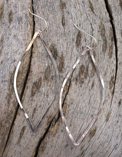 Silver Leaf Earrings | Leaf Earrings | Hammered Hoops | Botanical Jewelry | Nature Earrings | Lightweight Earrings | Open Leaf | Marquise Earrings